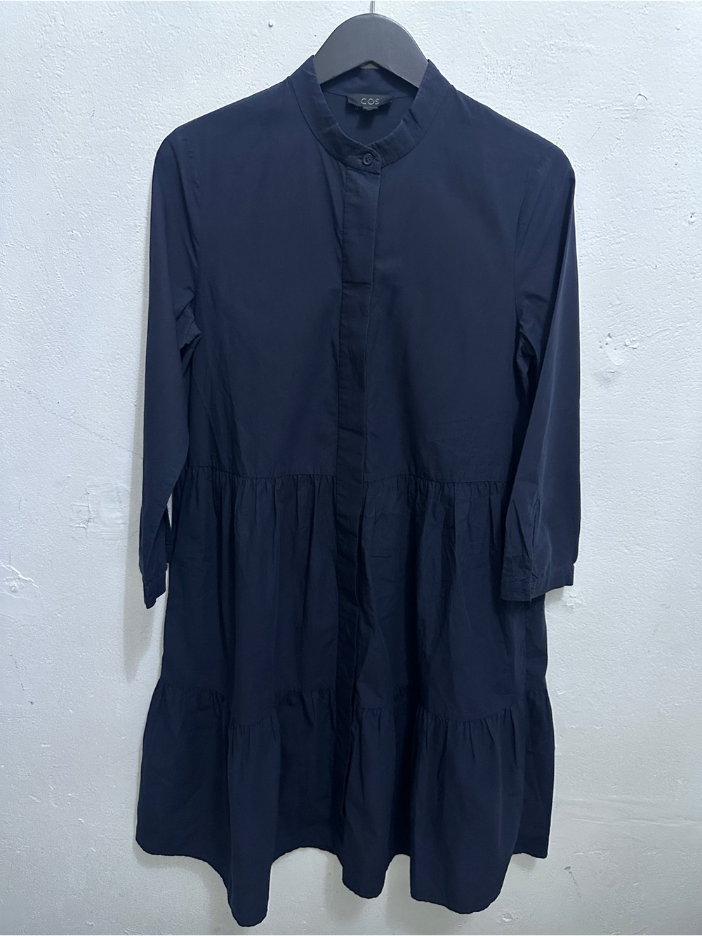 COS Women’s Size 6 Navy Blue 100% Cotton Tiered Midi Shirt Dress Long Sleeve